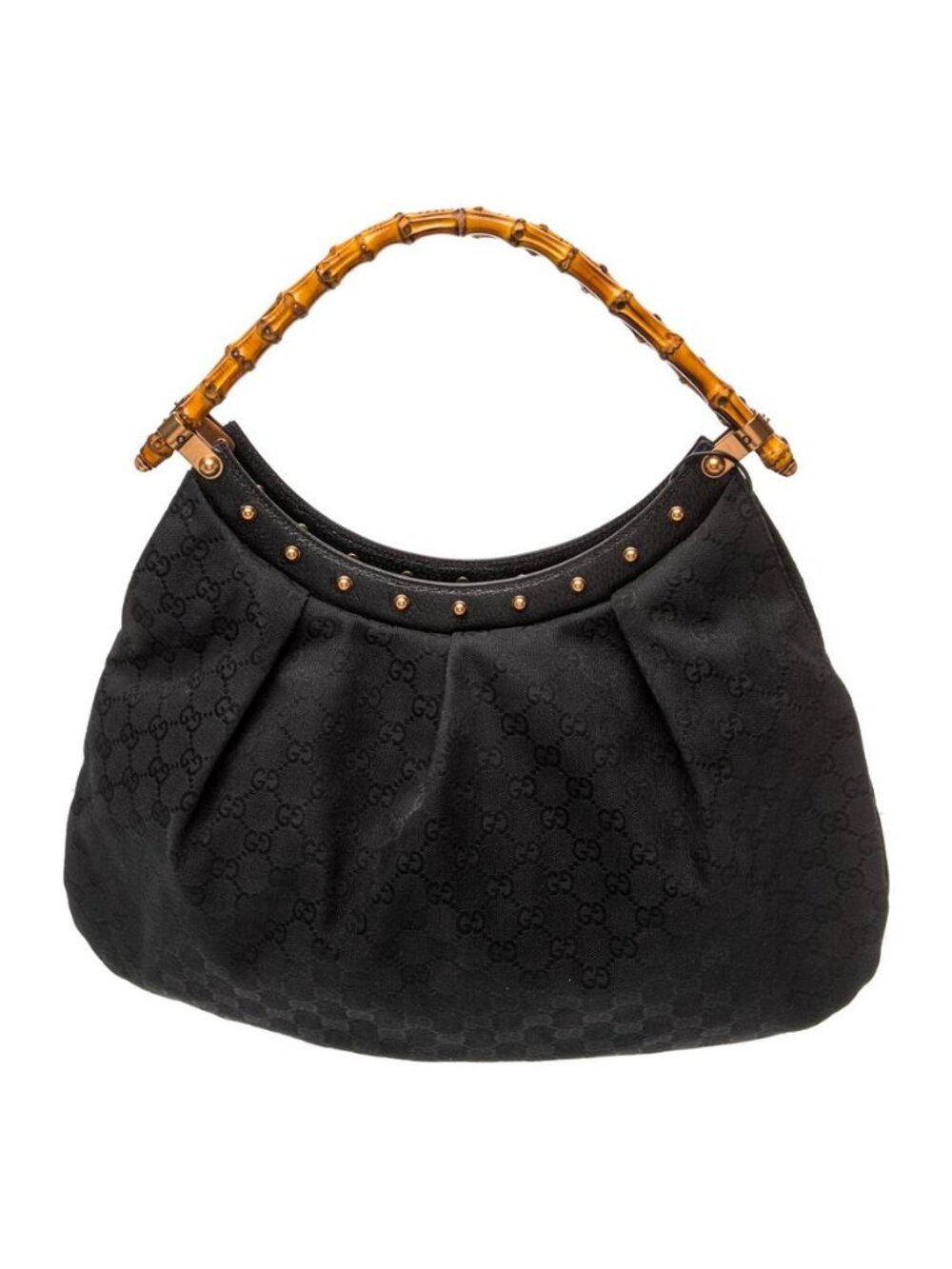 NWT Gucci GG Canvas Black Bamboo Handle Studded Shoulder Hobo Bag Gold Hardware